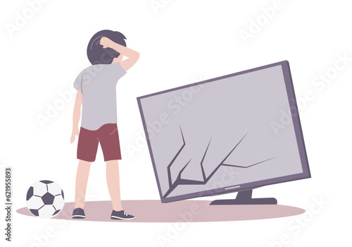 Little boy broke the TV with a soccer ball. Broken screen. Feelings of guilt and frustration. Cartoon vector illustration isolated on white background