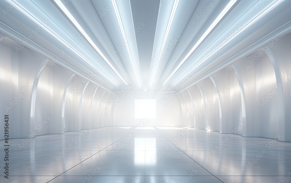 A white 3D space with a light shining above it. A white 3D space with a light shining above it.