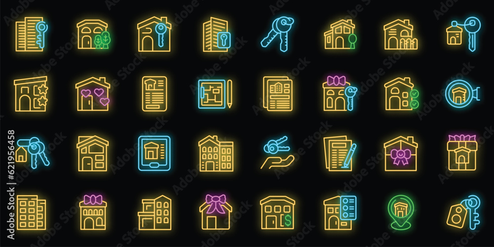 New home icons set outline vector. House family. Loan money neon color on black New home icons set outline vector. House family. Loan money neon color on black
