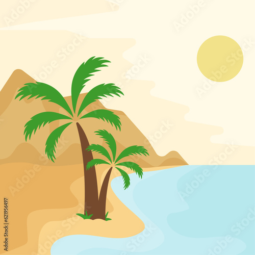 Palm trees on the ocean. Tropical postcard with sea, mountains, beach
