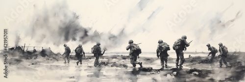 World war II battle scene illustration. AI Generative Art. photo