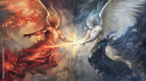 Photographie the battle between angels and demons, the fight between good and evil