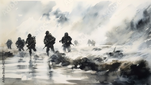 Fotografie, Obraz World war II battle scene illustration. AI Generative Art.