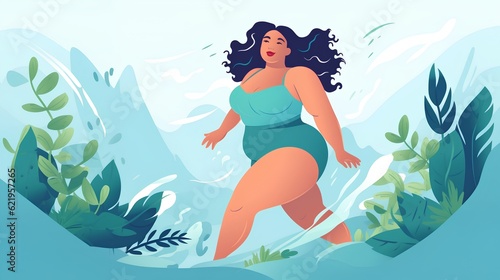 Concept of Love Yourself, Self Esteem, Plus Size, Self Love, and Body Positivity is powerfully encapsulated in a beautiful image of a plus size woman confidently celebrating her body. Generative AI