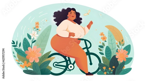 A beautiful plus size woman exudes joy as she rides on a bicycle  promoting the concepts of body positivity and a healthy  active lifestyle. Generative AI