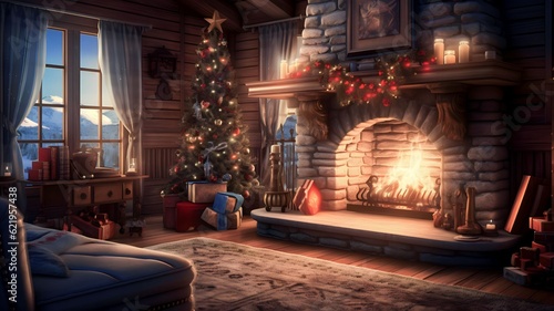 warm and cozy home interior with Christmas decorations, such as a fireplace, stockings and a Christmas tree