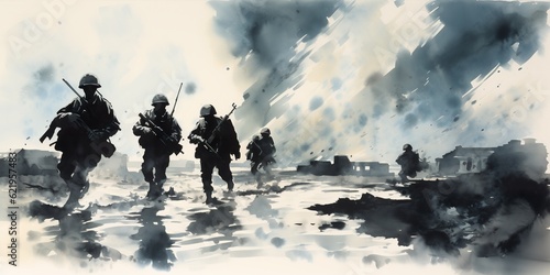 World war II battle scene illustration. AI Generative Art.