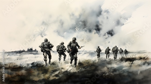 World war II battle scene illustration. AI Generative Art.