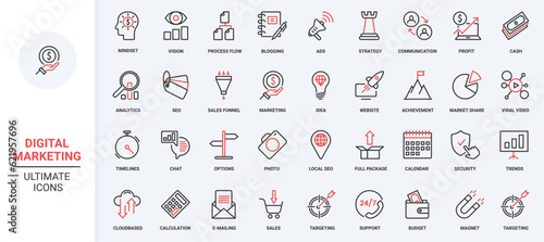 Business management, digital marketing, social media strategy red black thin line icons set vector illustration. Business technology esearch market, target information advertising campaign product