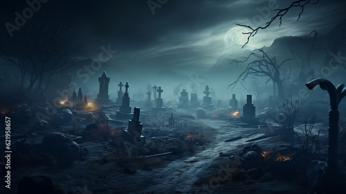 Generative ai of foggy graveyard at night