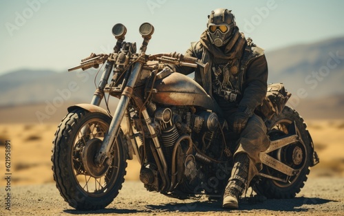 Astropunk photography in the style of mad max biker.
