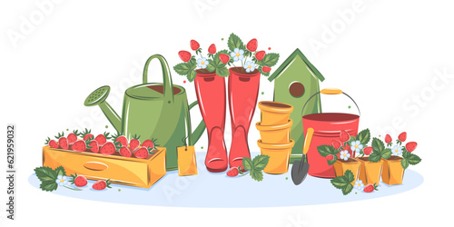 Hello summer garden. Gardening, growing plants, agricultural tools. Watering can and strawberries in boxes. Vector illustration for poster, banner and advertisement