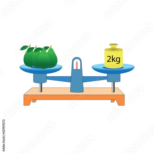 balance Scale. avocado and 2kg. scales in balance, an imbalance of scales. vector illustration. on white background. scale clipart