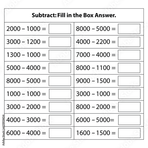 Numbers Subtract. basic kid subtracts worksheet. Math chart for subtraction operations in school isolated on white background. Vector graphic illustration.
