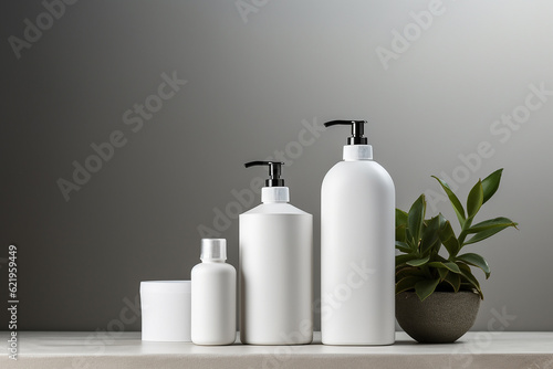 White dispensers with greenery on gray background. Blank label for branding mockup and product presentation. Natural cosmetic skincare beauty and body care product concept.