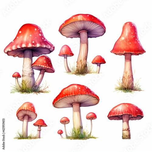 mushrooms set watercolor on a white background created with Generative Ai