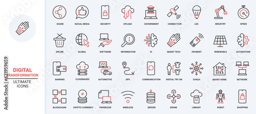 Digital technology, network communication and equipment trendy red black thin line icons set vector illustration. Smart home security, payment and shopping, drone and robot automation, data transfer