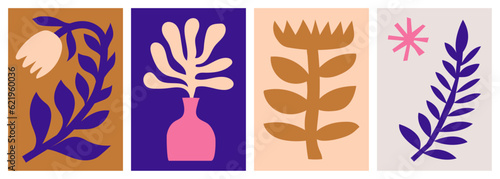 Plants posters designs inspired by Naive art. Flat vector illustrations with botanical and organic shapes for cards, invitations, celebrations, wall art, prints or interior decoration.
