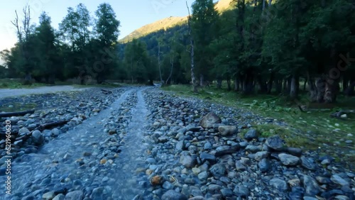 mountain ridge forest stream off road driving at summer evening