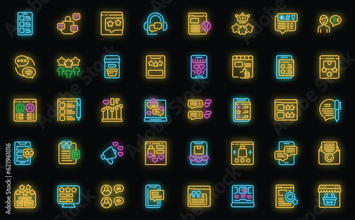 Online review icons set outline vector. Customer rate. Mobile profile neon color on black