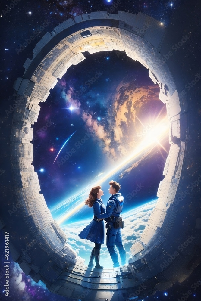 Obraz premium Beautiful Astronaut Couple Traveling Through Space Time , AI Generated