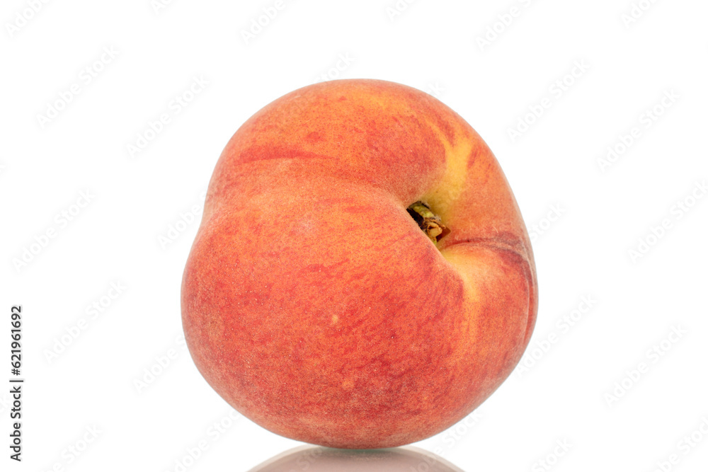 One ripe organic peach, macro, isolated on white background. One ripe organic peach, macro, isolated on white background.