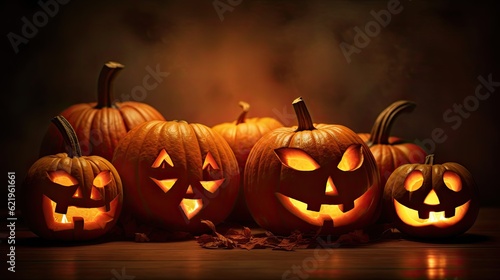 Halloween day, Scary halloween pumpkin on wooden planks with empty space. Generative Ai