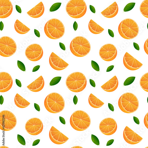 Oranges and leaves seamless pattern, vector. Background, textiles, summer pattern, rich colors