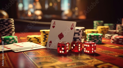 Dice with cards and chips on the desk in the casino