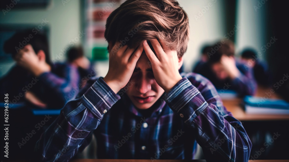Classmates watching a depressed teenage boy sitting and crying. Generative AI Classmates watching a depressed teenage boy sitting and crying. Generative AI