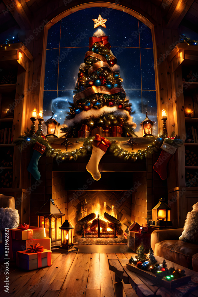 Winter Cabin Living Room with Fireplace burning Christmas Tree
