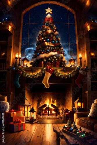 Winter Cabin Living Room with Fireplace burning Christmas Tree
