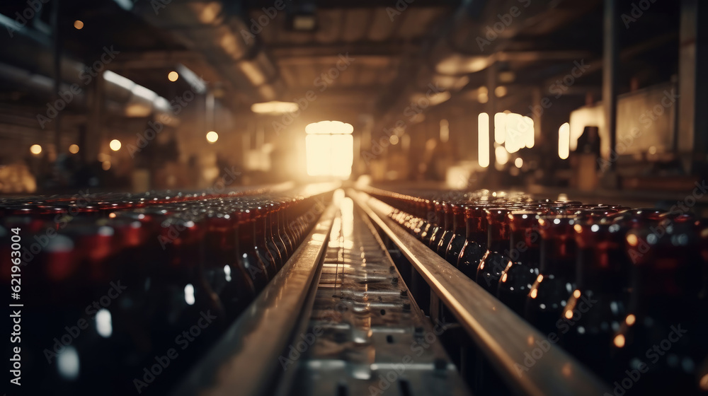 Red wine bottles on the conveyor belts, wine factory