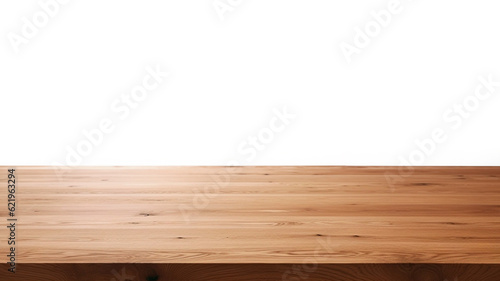 Empty natural wood table top and blur bokeh white wall background. Generative AI