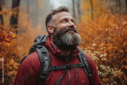 Staying away from the digital world is the key to mental health. A middle-aged man enjoys the autumn air while walking through the autumn forest.