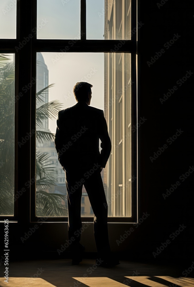 Fototapeta premium The Silent Leader, Back Turned Businessman in Suit, a Windows Style Portrayal, generative ai