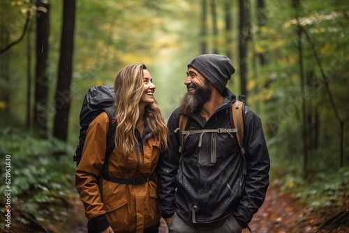 Live communication away from the digital. Middle-aged couple chats and laughs merrily while walking through the autumn forest.