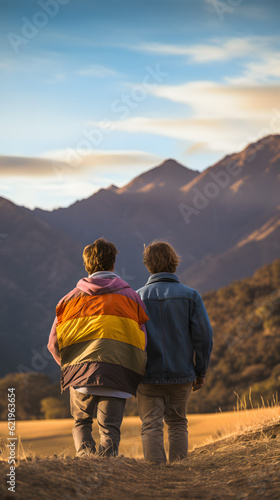 A gay couple of men walking together seen from behind, one of them is carrying the lgbt flag on his back- Natural environment, nice colors