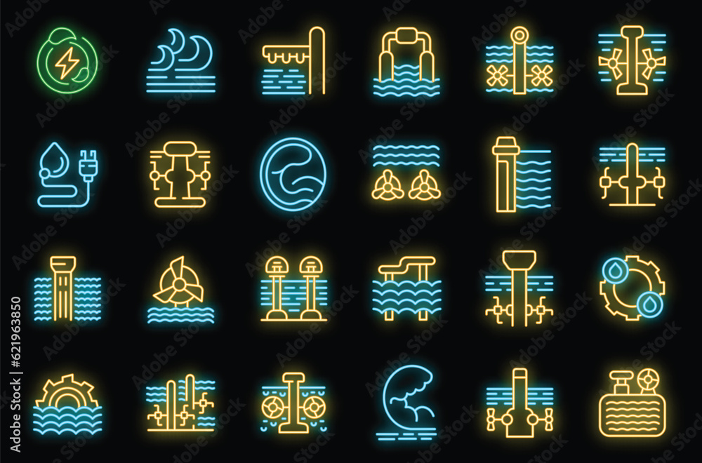 Tidal energy icons set outline vector. Green ecology. Electric recycle neon color on black - obrazy, fototapety, plakaty 