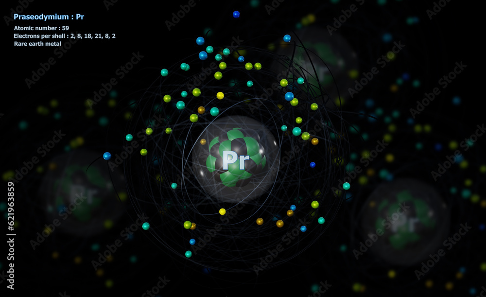 Obraz premium Atom of Praseodymium with detailed Core and its 59 Electrons with Atoms