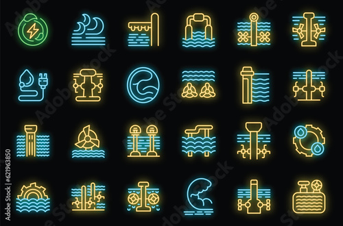 Tidal energy icons set outline vector. Green ecology. Electric recycle neon color on black