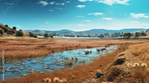 Dry fields in a drought landscape with an almost empty river and a blue sky - AI Generated