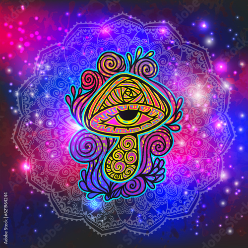 Magic Mushrooms. Psychedelic poster.Vector illustration. Zen boho art. Space, Galaxy, Mystic background. Decorative mushrooms, hippie, neon hallucination psilocybin 60s 70s