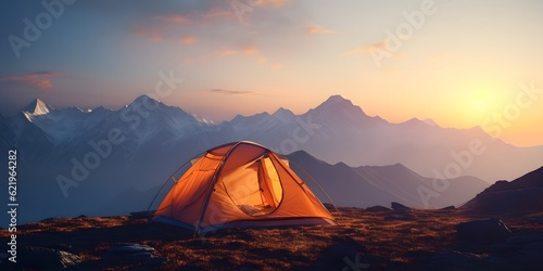 camping tent high in the mountains at sunset. banner with copy space. generative AI