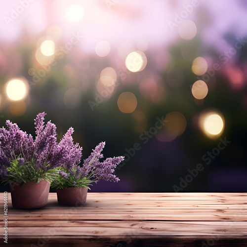 Lavender backgrounds with empty wooden table. Generated AI
