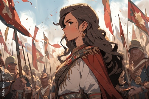 Follow the fearless Adelita, a charismatic anime heroine leading a battalion of women warriors in the struggle for Mexican independence mexican revolution illustration anime illustration generative ai photo