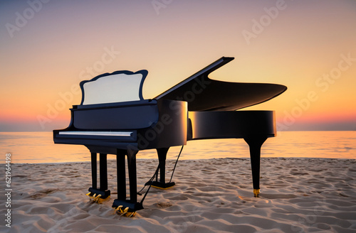 Piano by the sea at sunset. Music on the beach. Relaxation with concert by the sea. AI generative.