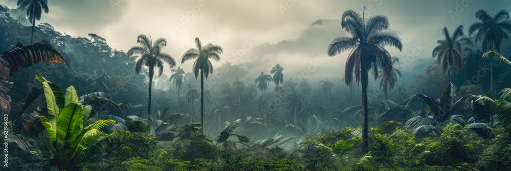 Tropische Landschaft mit Palmen und Bergen. Generiert mit KI