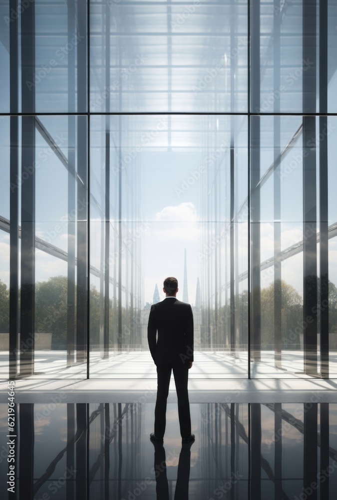 The Silent Leader, Back Turned Businessman in Suit, a Windows Style Portrayal, generative ai The Silent Leader, Back Turned Businessman in Suit, a Windows Style Portrayal, generative ai