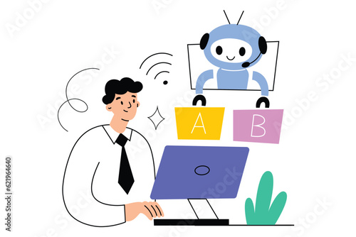 AI solves problem, robot offers human two options, artificial intelligence application, chat bot answers question, man works at computer, hand drawn composition, vector illustration